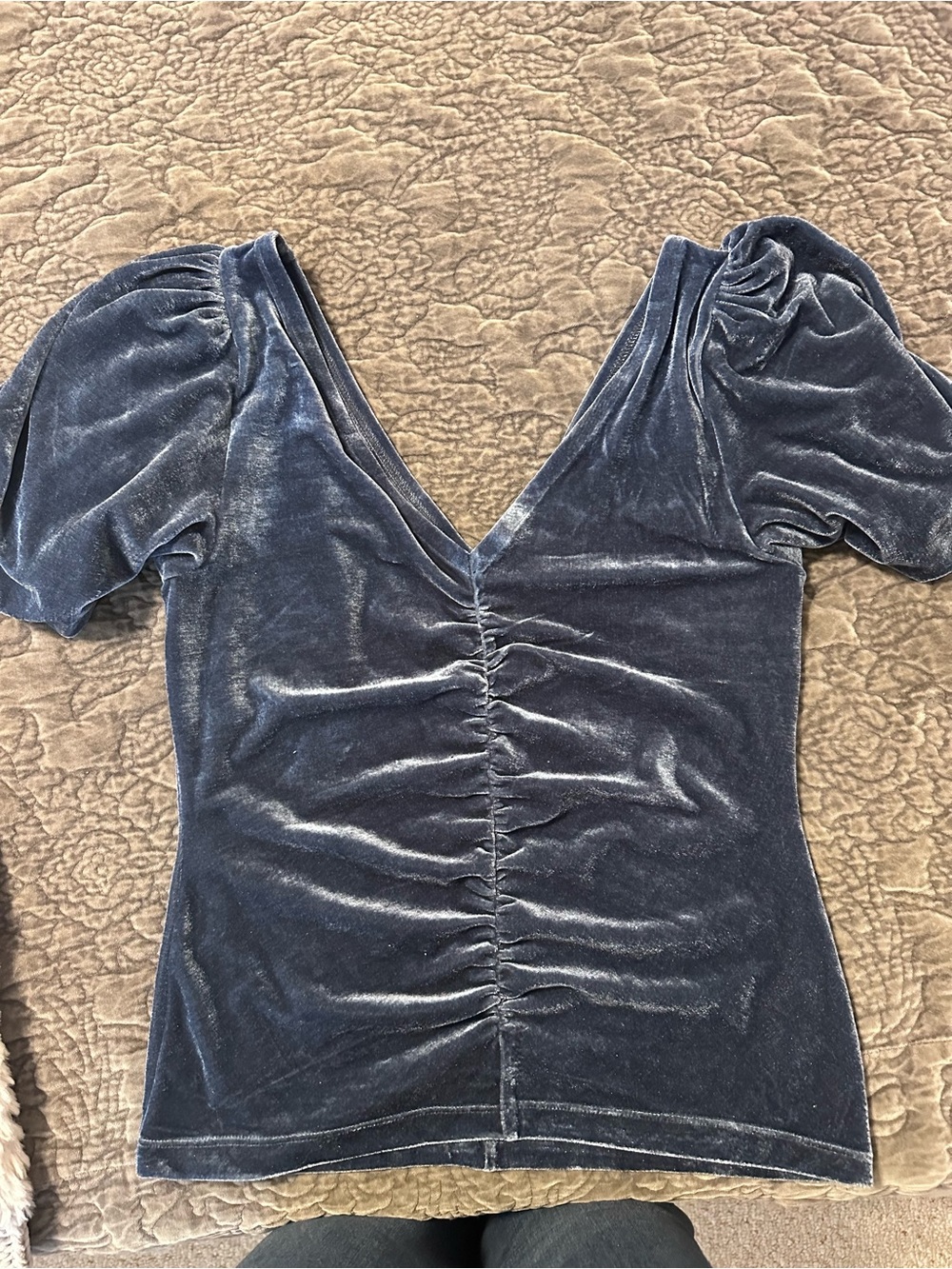 Free People Velvet Ruched V-Neck Top in Navy